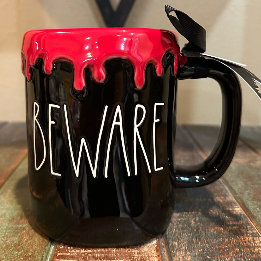 Rae Dunn BEWARE Mug with Red Drip